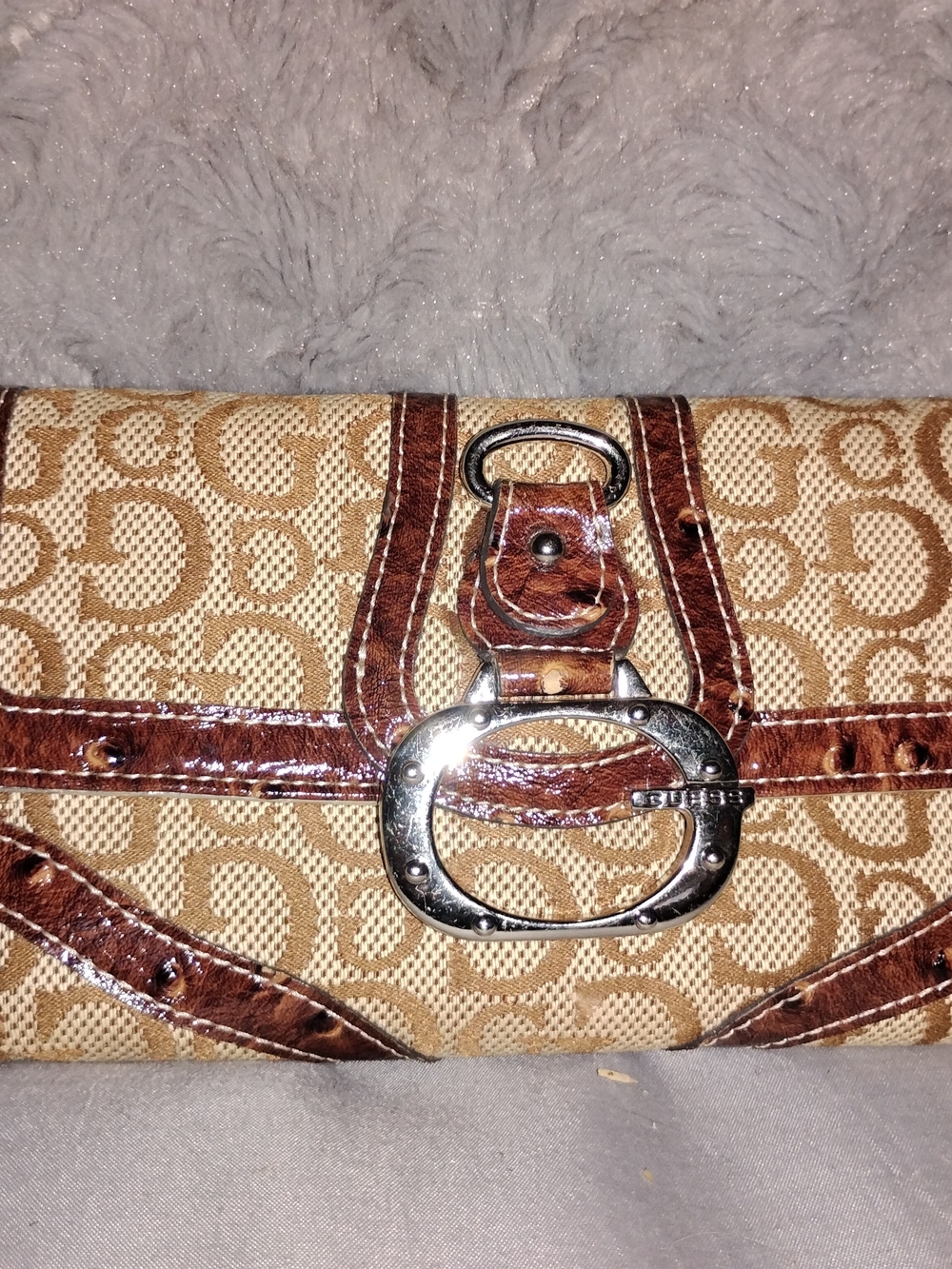 Guess Tan Signature Monogram Continental Wallet with Brown Gloss Trim